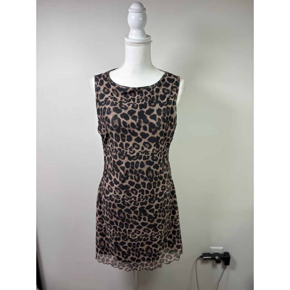 SHEIN Curve Plus Size 0XL Leopard Print Mesh Overlay Sleeveless Mini Dress Brown